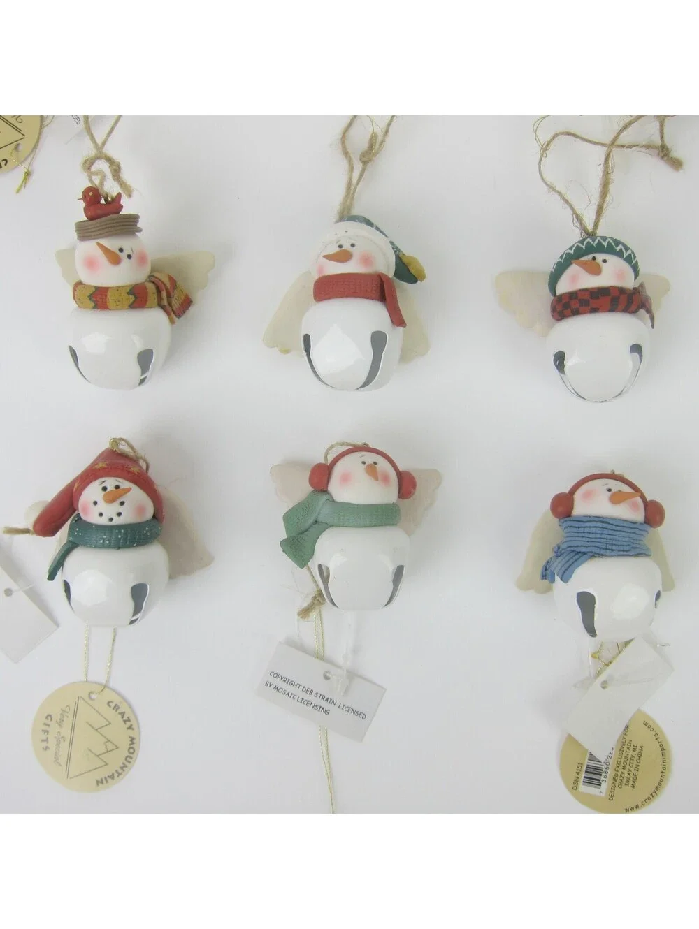 Vintage Snowman Bell Christmas Ornaments Lot of 6 Deb Strain Artist Signed 2005
